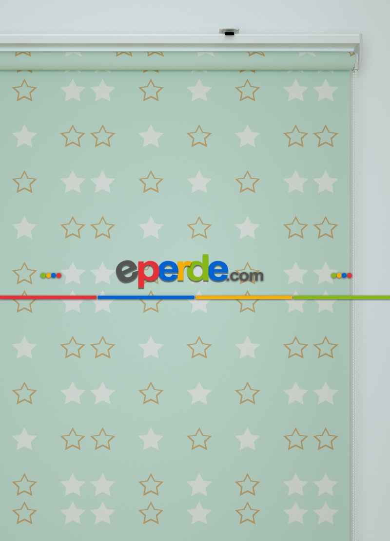 Mint Yeşili Yıldız Desenli Baskılı Stor Perde