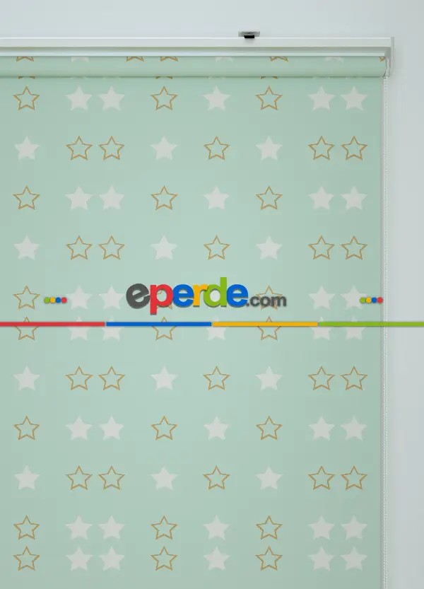 Mint Yeşili Yıldız Desenli Baskılı Stor Perde