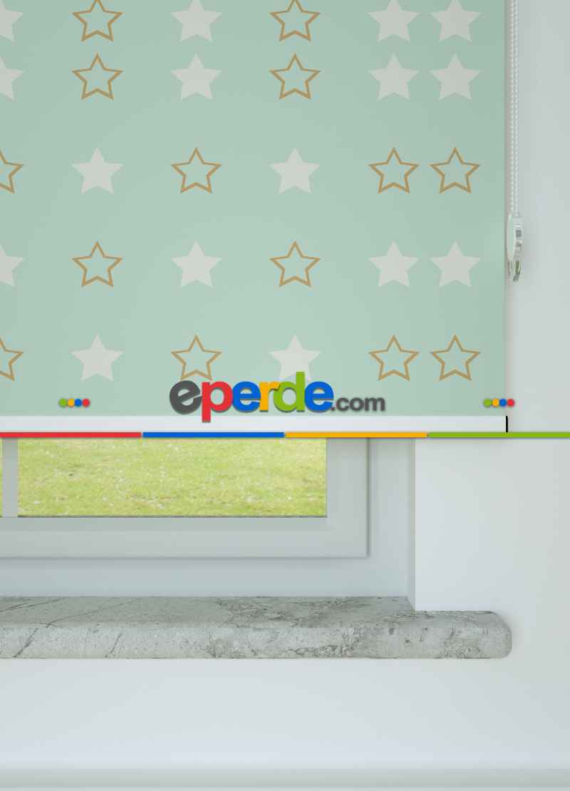 Mint Yeşili Yıldız Desenli Baskılı Stor Perde