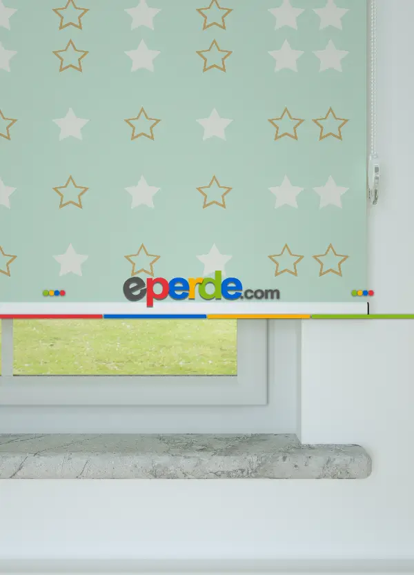 Mint Yeşili Yıldız Desenli Baskılı Stor Perde