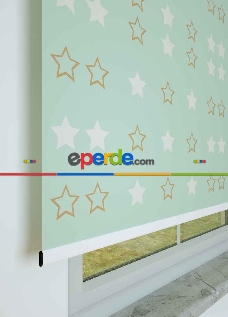 Mint Yeşili Yıldız Desenli Baskılı Stor Perde