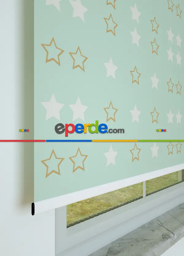 Mint Yeşili Yıldız Desenli Baskılı Stor Perde