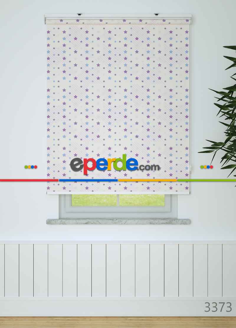 Mavi-mor Yıldız Desenli Baskılı Stor Perde
