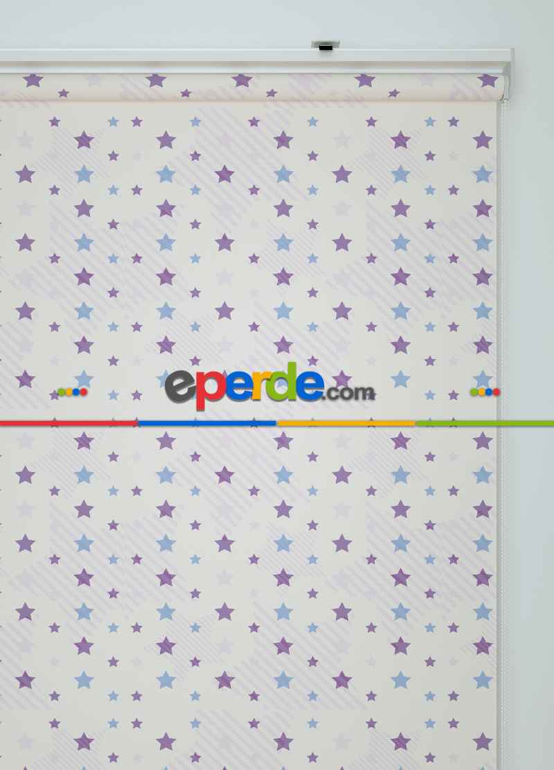 Mavi-mor Yıldız Desenli Baskılı Stor Perde