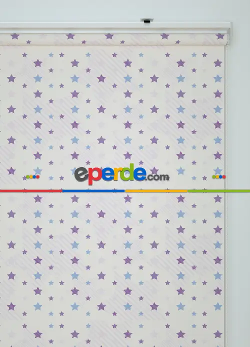 Mavi-mor Yıldız Desenli Baskılı Stor Perde