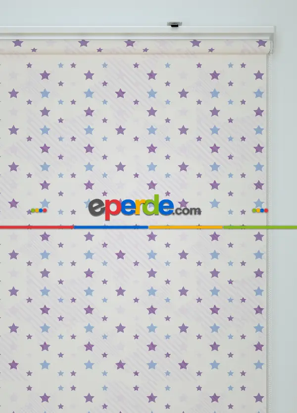 Mavi-mor Yıldız Desenli Baskılı Stor Perde