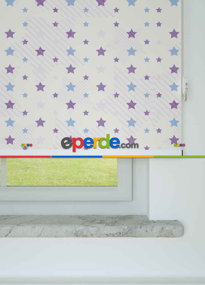 Mavi-mor Yıldız Desenli Baskılı Stor Perde