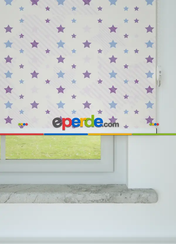 Mavi-mor Yıldız Desenli Baskılı Stor Perde