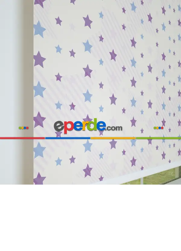 Mavi-mor Yıldız Desenli Baskılı Stor Perde