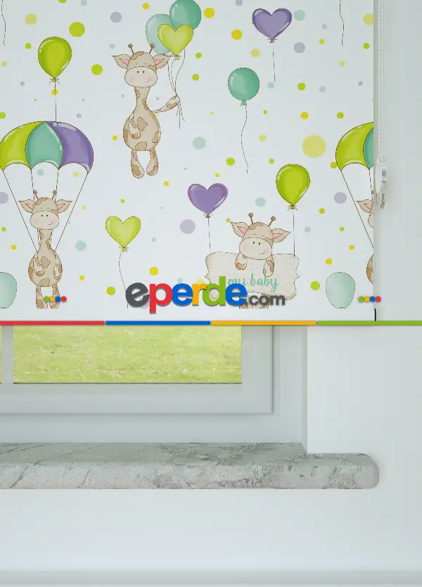 Sevimli Zürafa Desenli Baskılı Stor Perde