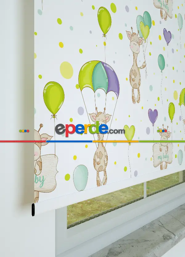 Sevimli Zürafa Desenli Baskılı Stor Perde