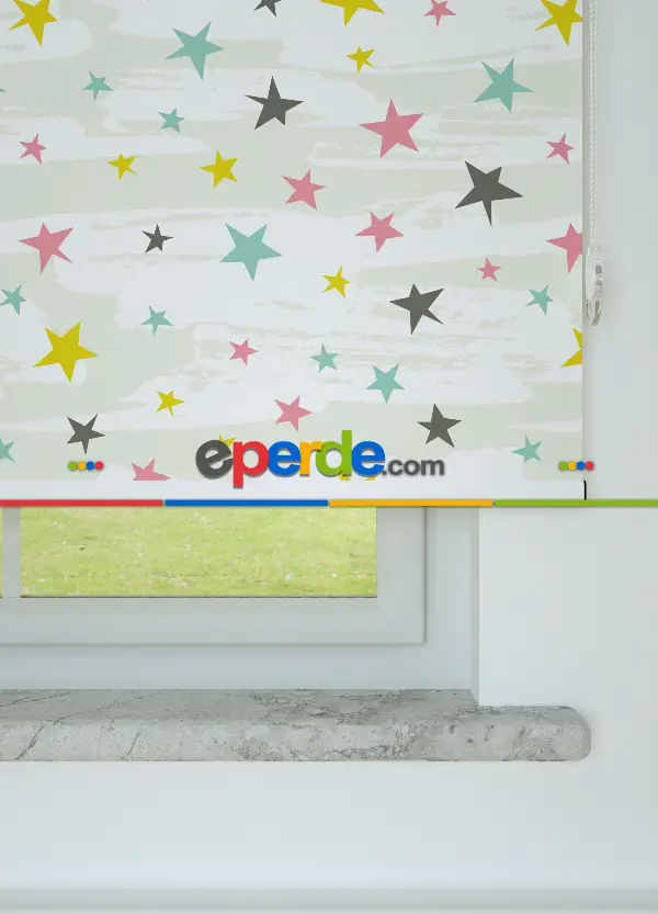 Renkli Yıldız Desenli Baskılı Stor Perde