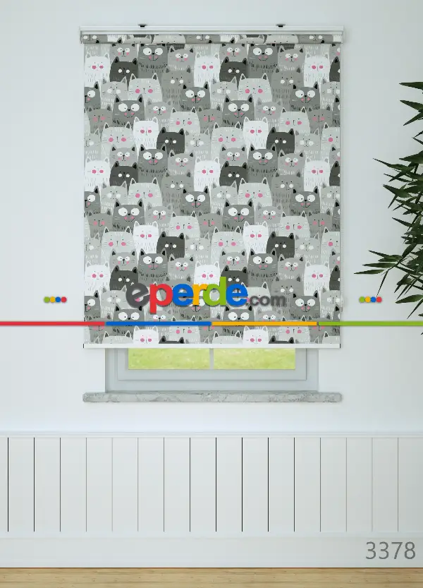 Gri Kedi Desenli Baskılı Stor Perde