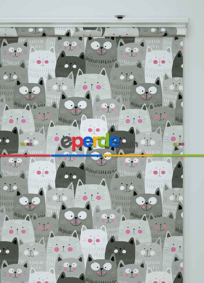 Gri Kedi Desenli Baskılı Stor Perde