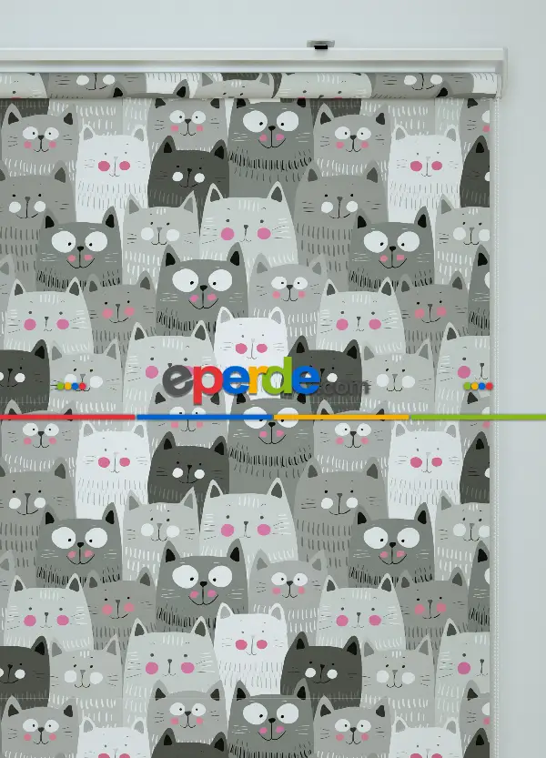 Gri Kedi Desenli Baskılı Stor Perde