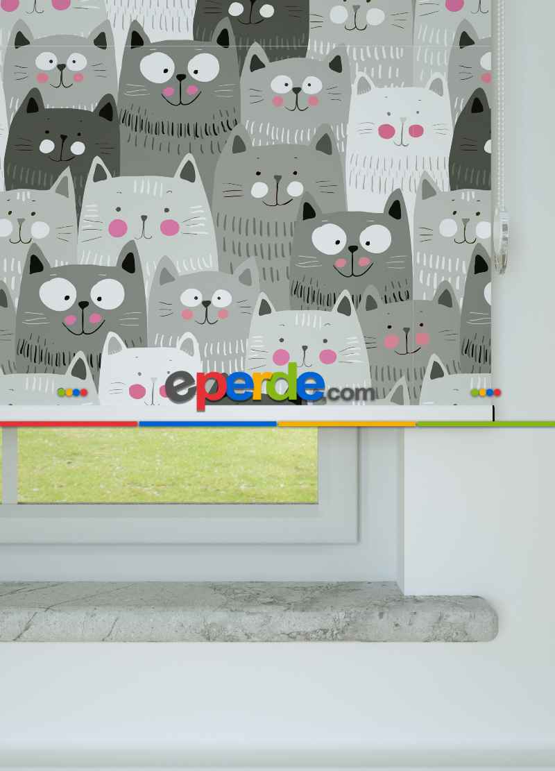 Gri Kedi Desenli Baskılı Stor Perde