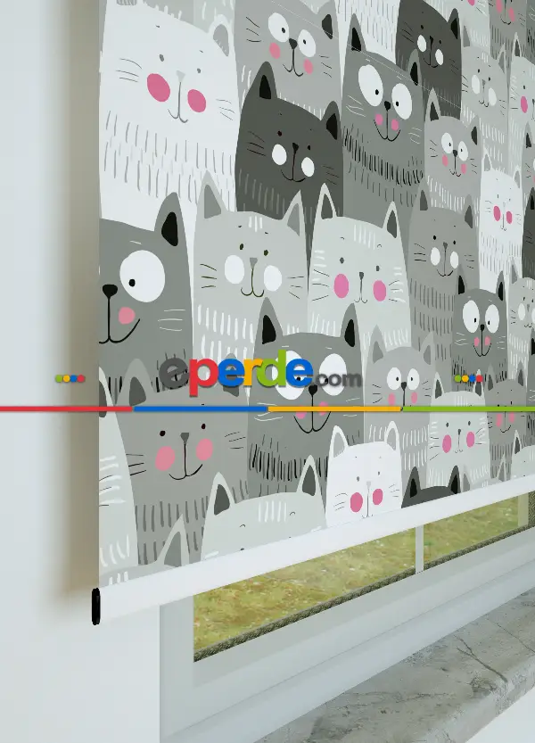 Gri Kedi Desenli Baskılı Stor Perde