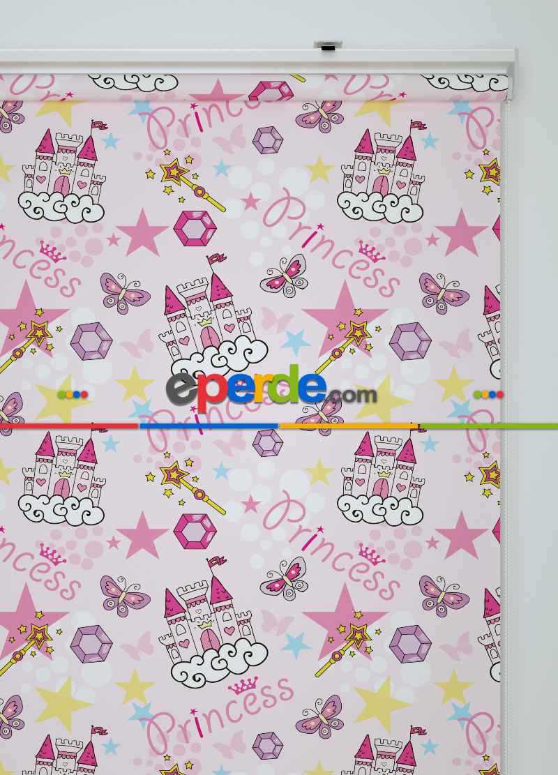 Pembe Prenses Desenli Baskılı Stor Perde