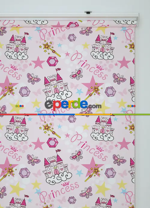 Pembe Prenses Desenli Baskılı Stor Perde