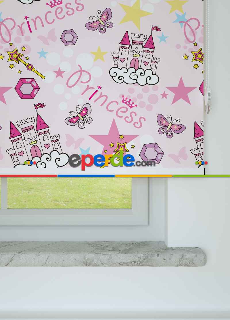 Pembe Prenses Desenli Baskılı Stor Perde