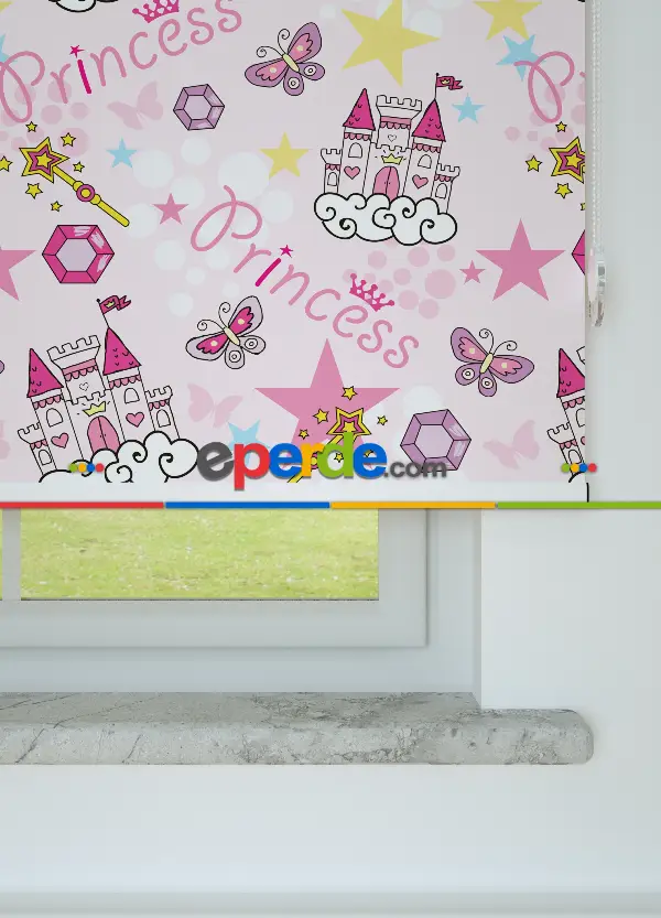 Pembe Prenses Desenli Baskılı Stor Perde