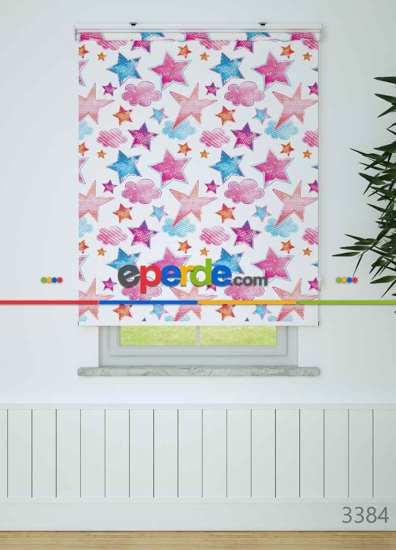 Pembe Yıldız Ve Bulut Desenli Baskılı Stor Perde