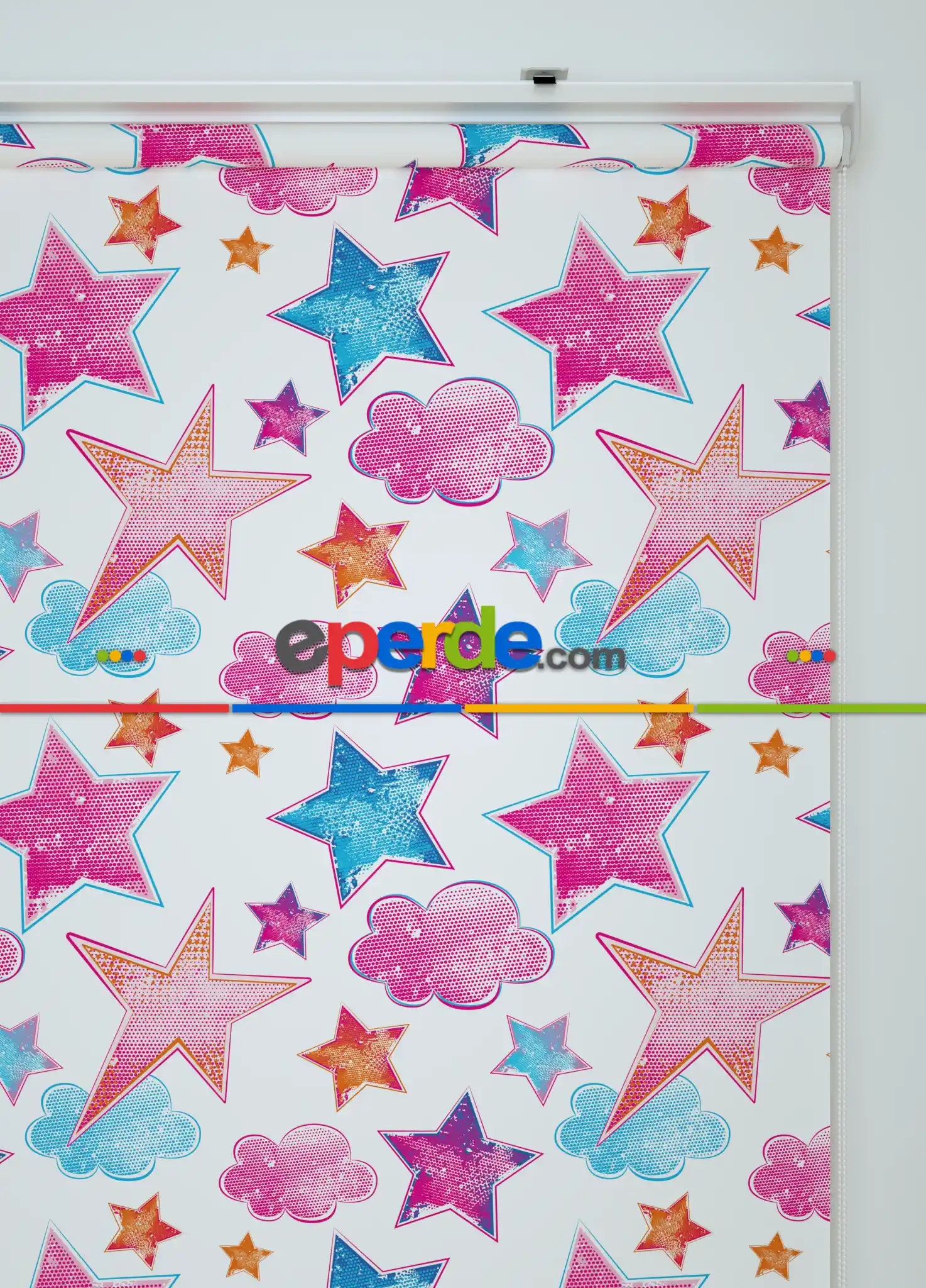 Pembe Yıldız Ve Bulut Desenli Baskılı Stor Perde