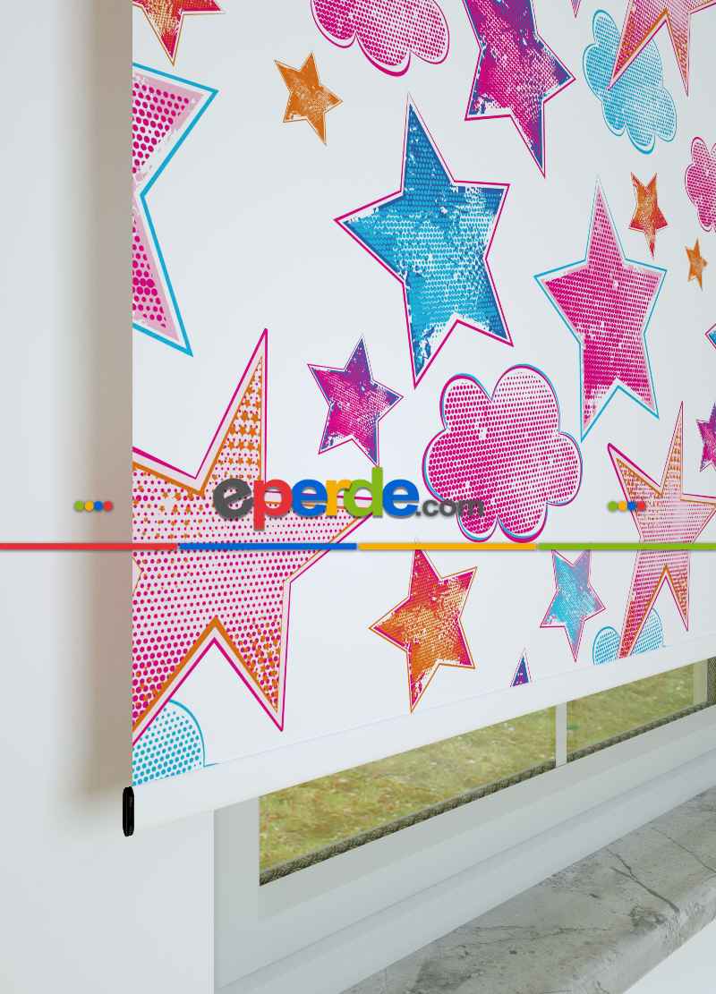 Pembe Yıldız Ve Bulut Desenli Baskılı Stor Perde