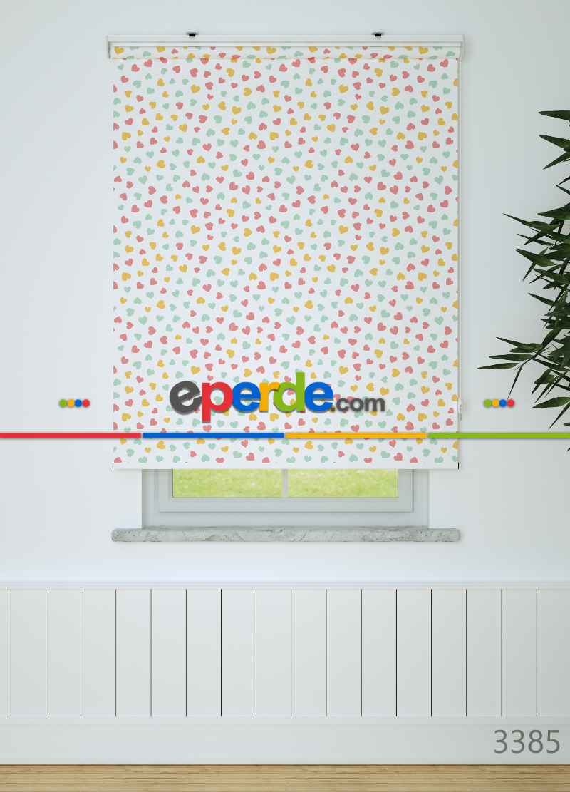 Renkli Kalpler Desenli Baskılı Stor Perde