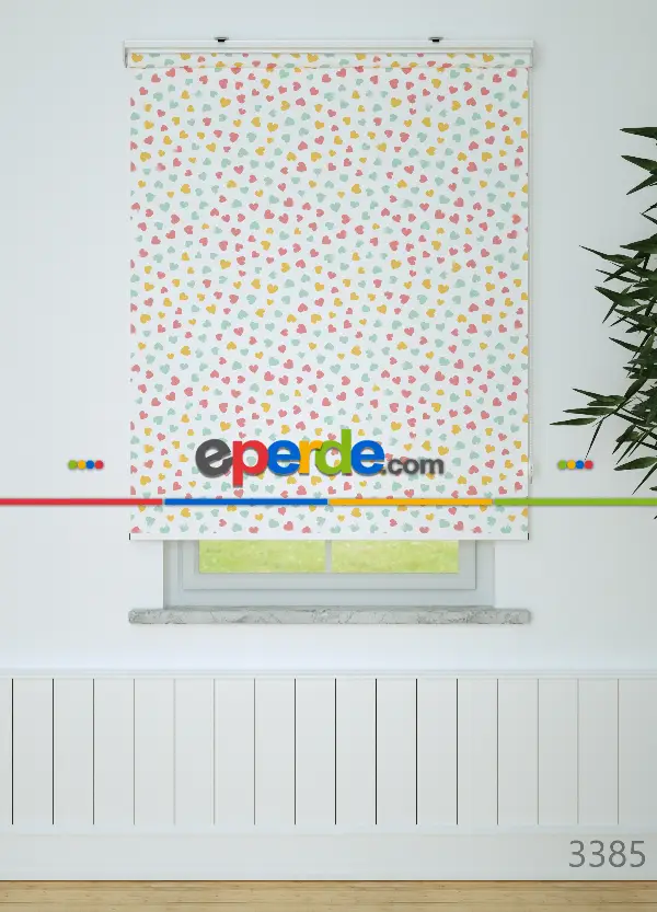 Renkli Kalpler Desenli Baskılı Stor Perde