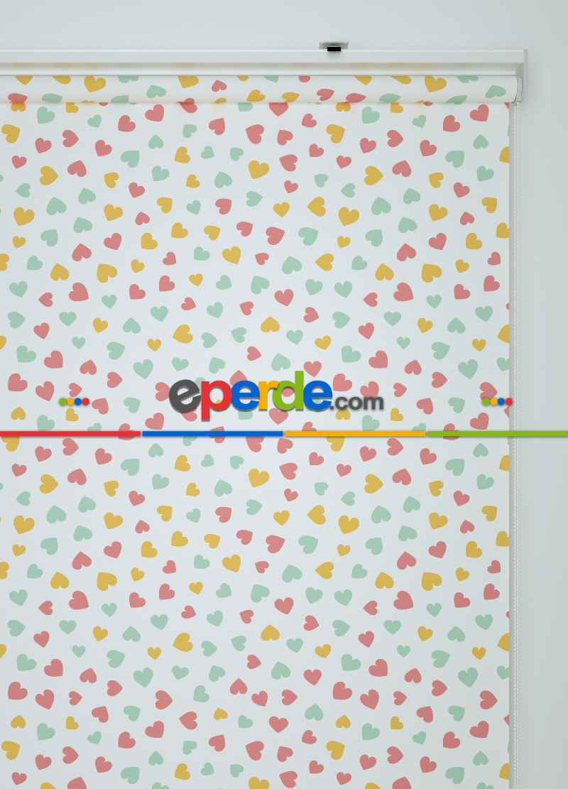 Renkli Kalpler Desenli Baskılı Stor Perde