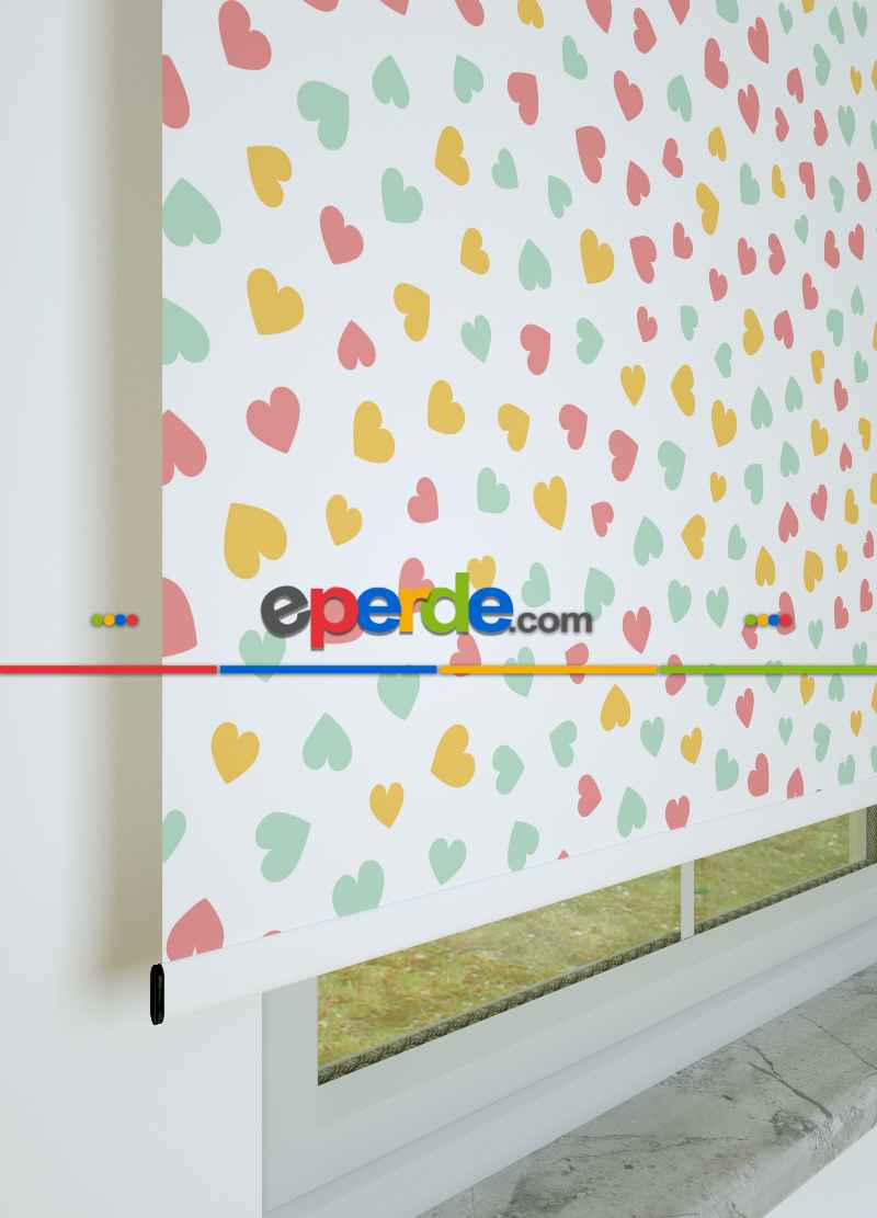 Renkli Kalpler Desenli Baskılı Stor Perde