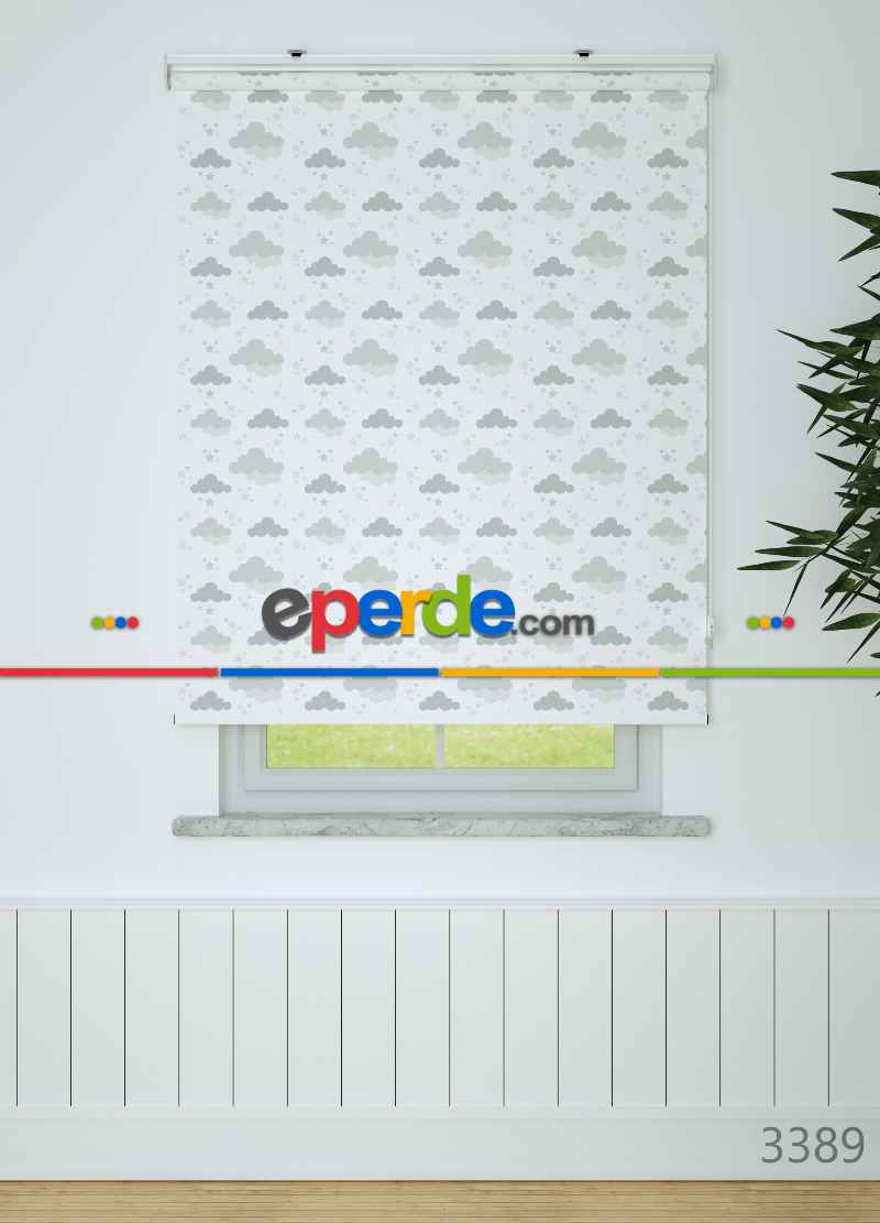 Gri Bulut Desenli Baskılı Stor Perde