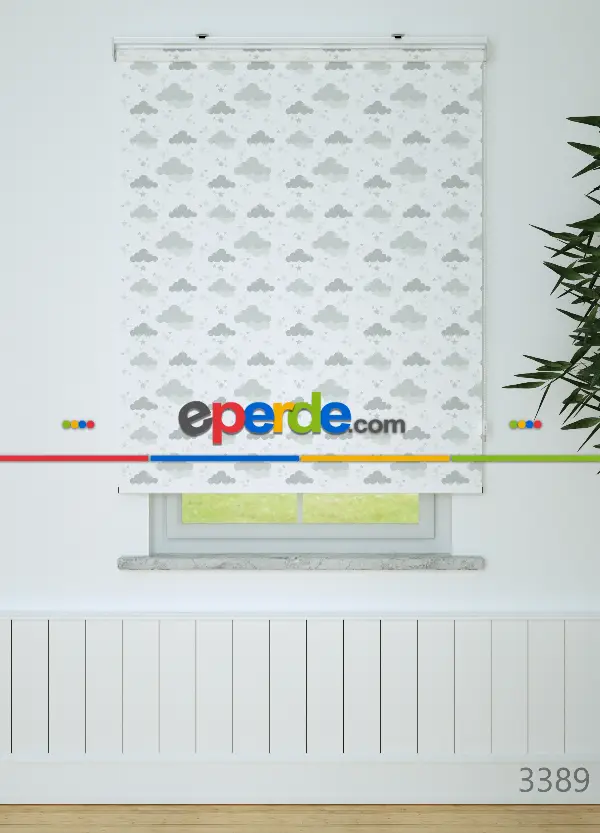 Gri Bulut Desenli Baskılı Stor Perde