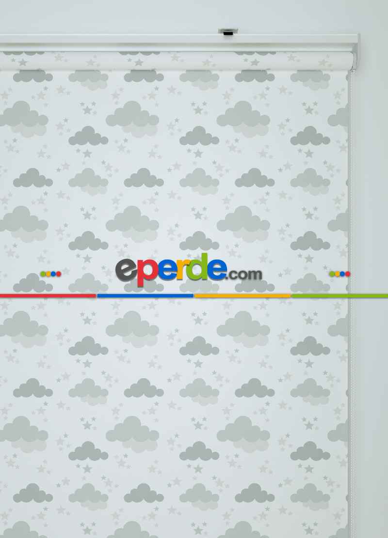 Gri Bulut Desenli Baskılı Stor Perde