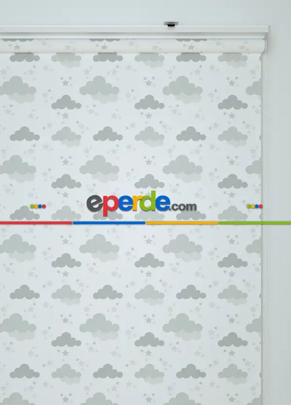 Gri Bulut Desenli Baskılı Stor Perde