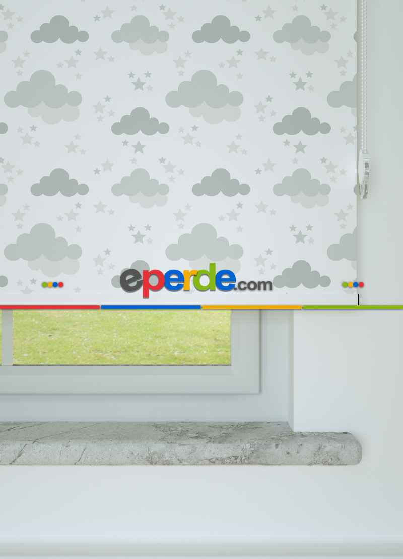 Gri Bulut Desenli Baskılı Stor Perde