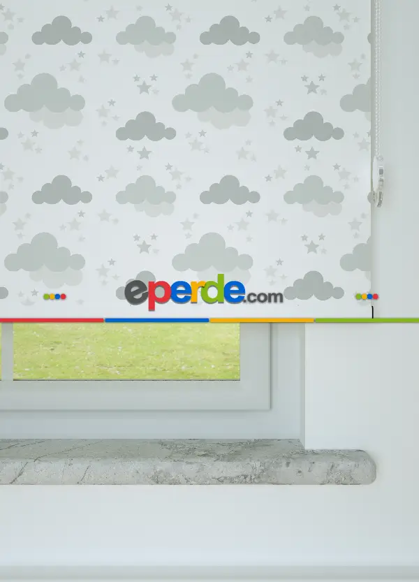 Gri Bulut Desenli Baskılı Stor Perde