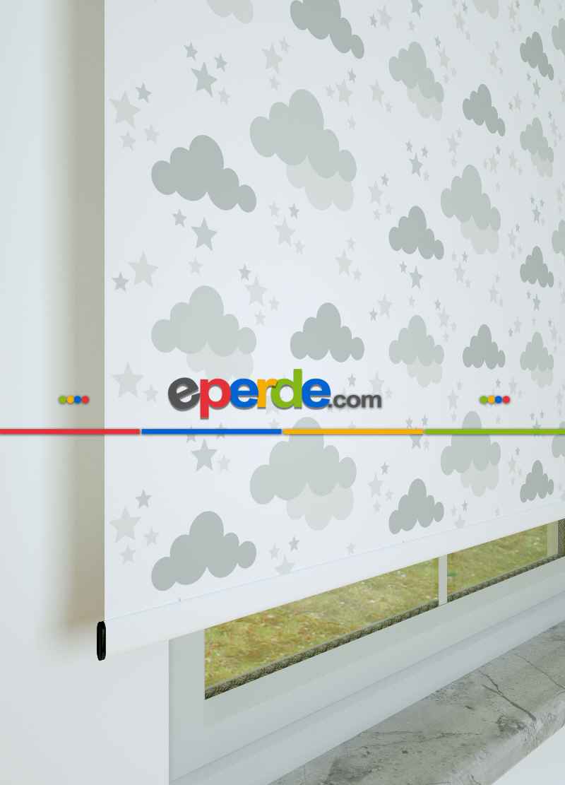 Gri Bulut Desenli Baskılı Stor Perde