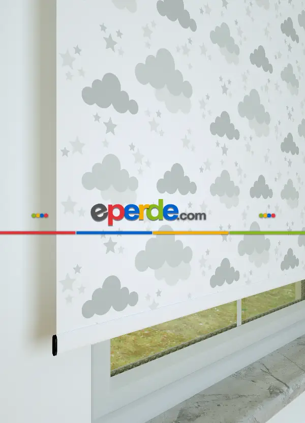 Gri Bulut Desenli Baskılı Stor Perde