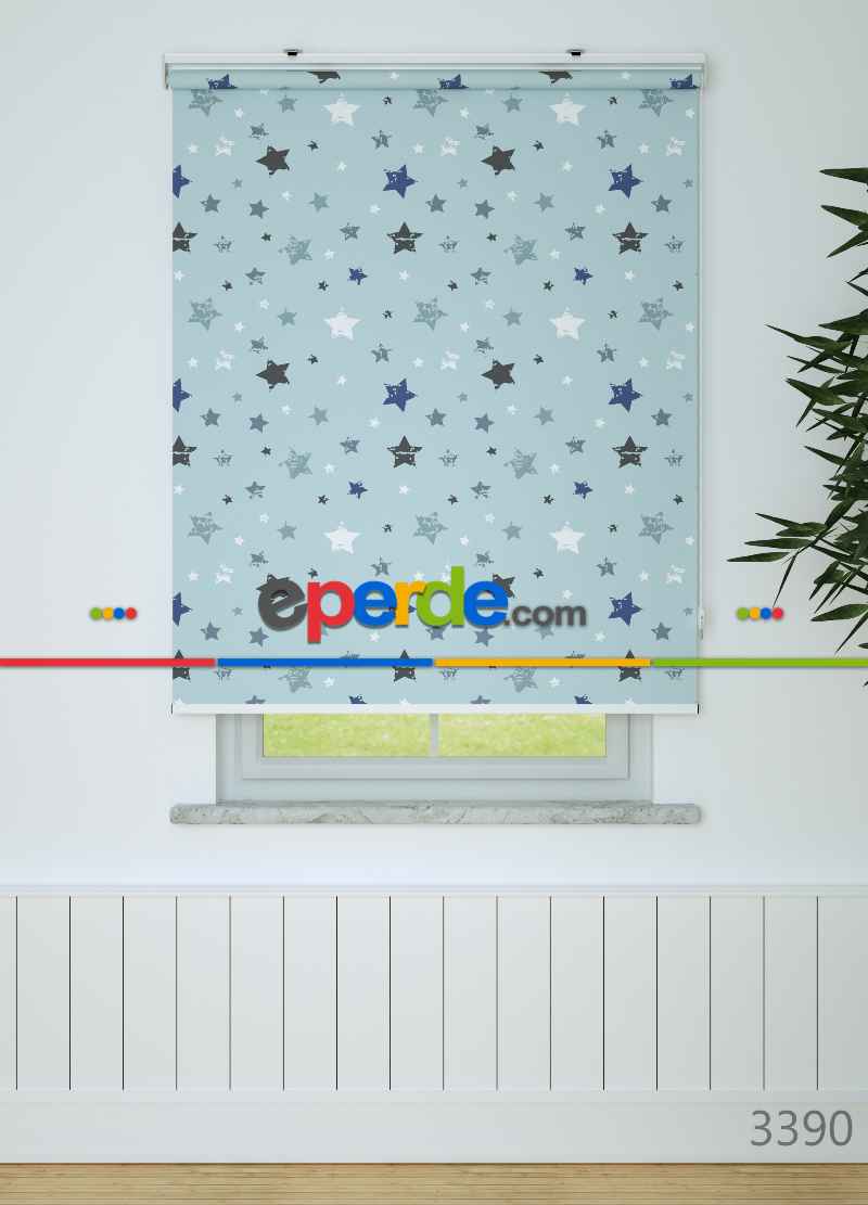 Mavi Yıldız Desenli Baskılı Stor Perde