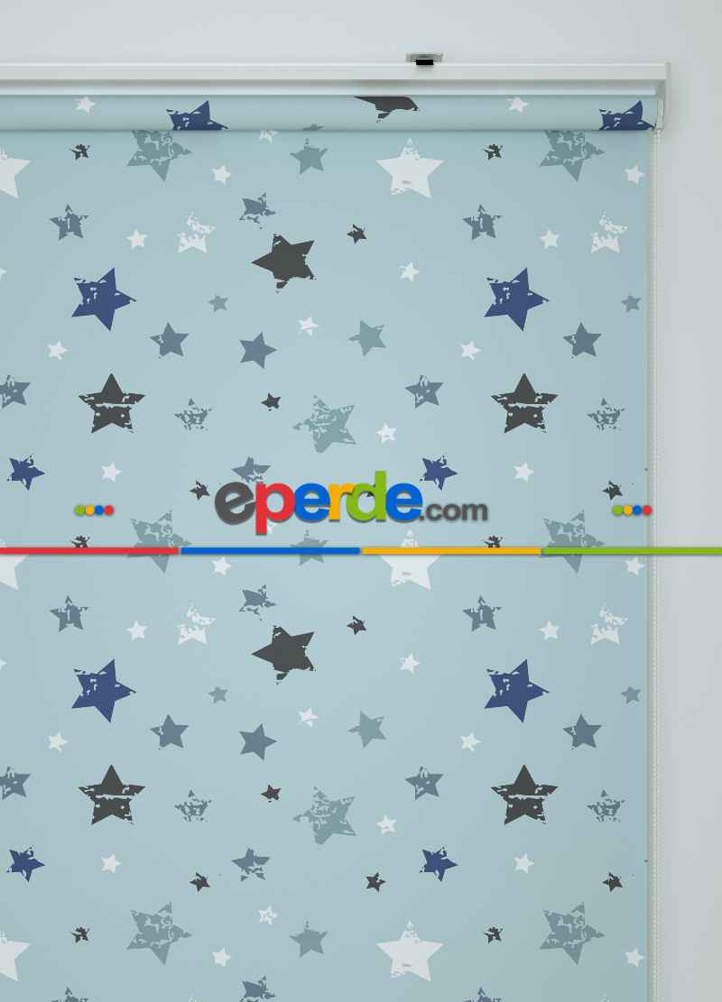 Mavi Yıldız Desenli Baskılı Stor Perde