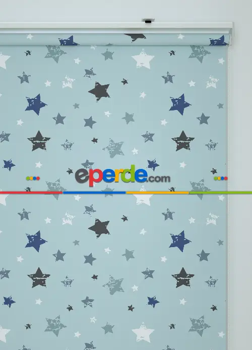 Mavi Yıldız Desenli Baskılı Stor Perde