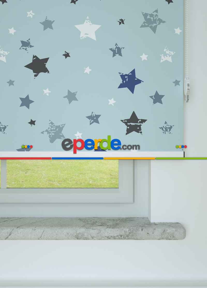 Mavi Yıldız Desenli Baskılı Stor Perde