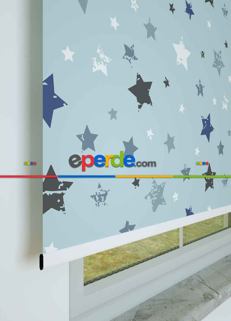 Mavi Yıldız Desenli Baskılı Stor Perde