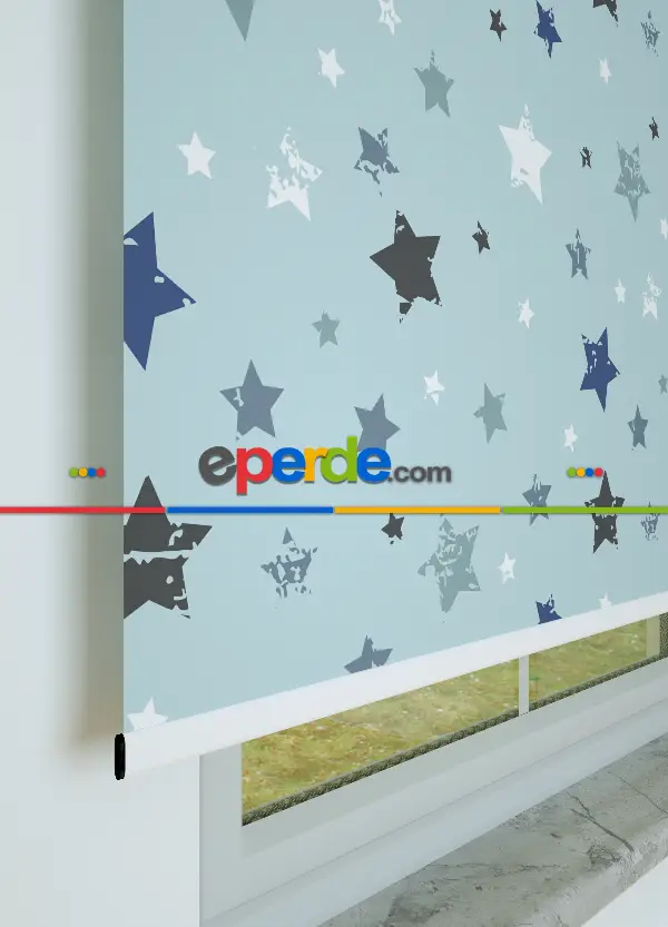 Mavi Yıldız Desenli Baskılı Stor Perde