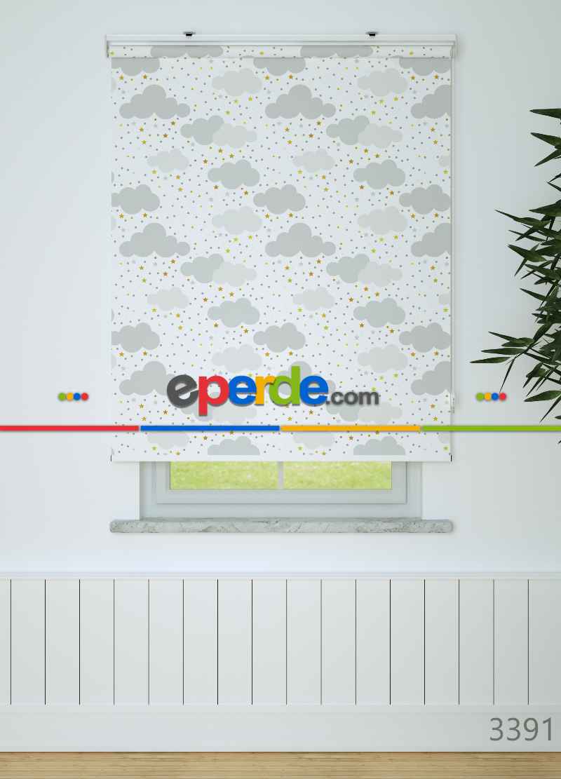 Gri Bulut Ve Yıldız Desenli Baskılı Stor Perde