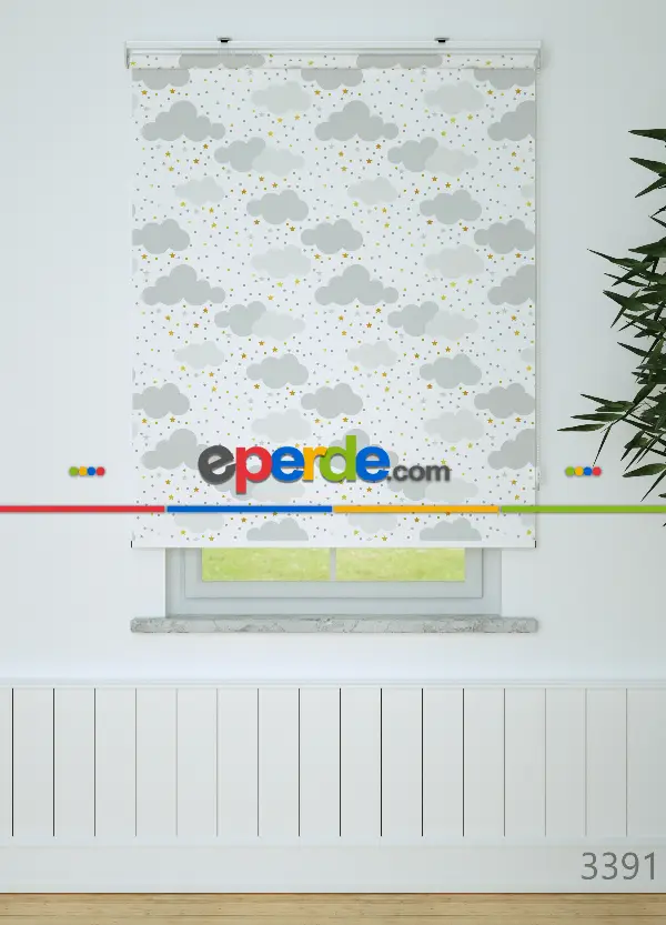 Gri Bulut Ve Yıldız Desenli Baskılı Stor Perde