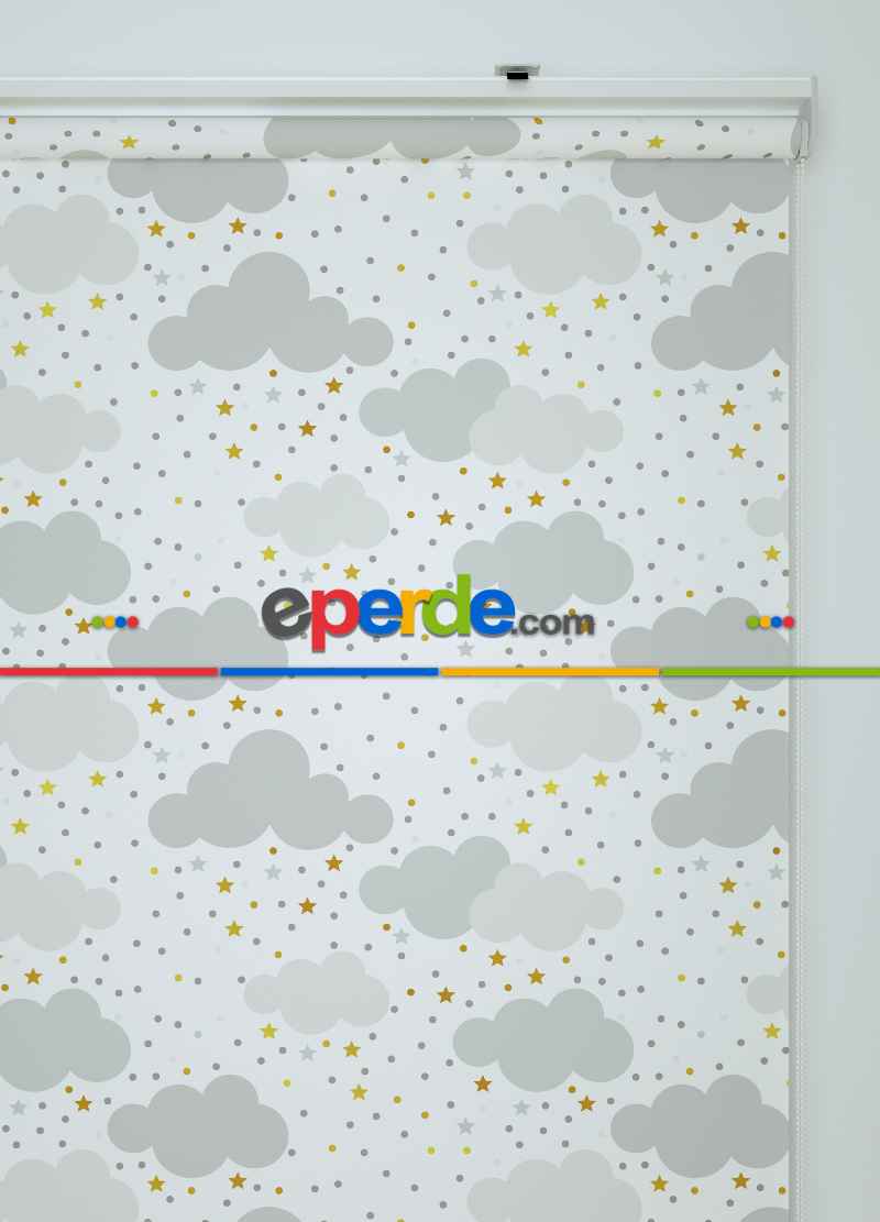 Gri Bulut Ve Yıldız Desenli Baskılı Stor Perde