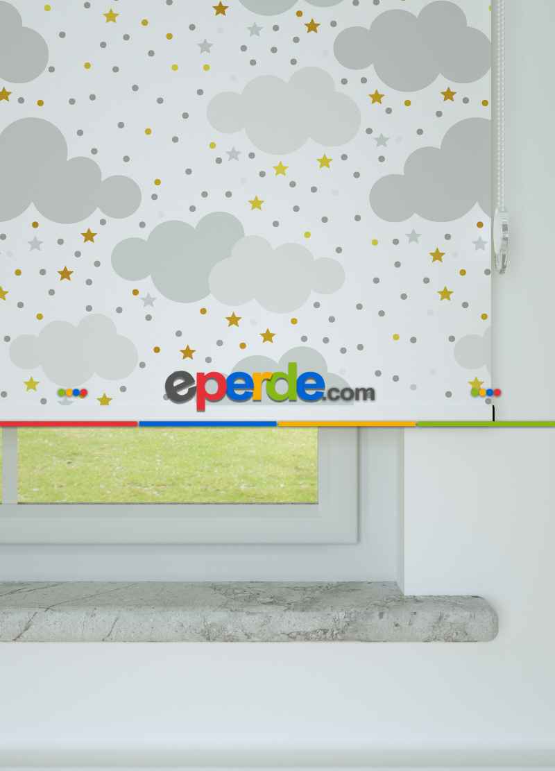 Gri Bulut Ve Yıldız Desenli Baskılı Stor Perde